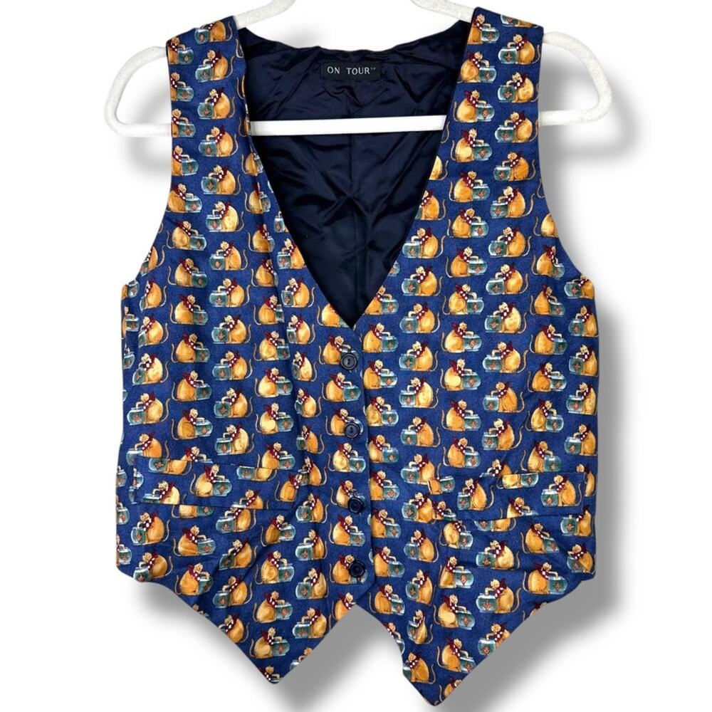 Vintage On Tour VTG Kitty Cat Lover Print Button V-Neck Sleeveless Vest Small